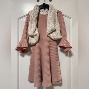 Girls Pink Ribbed Dress with Cream Faux Fur Vest
